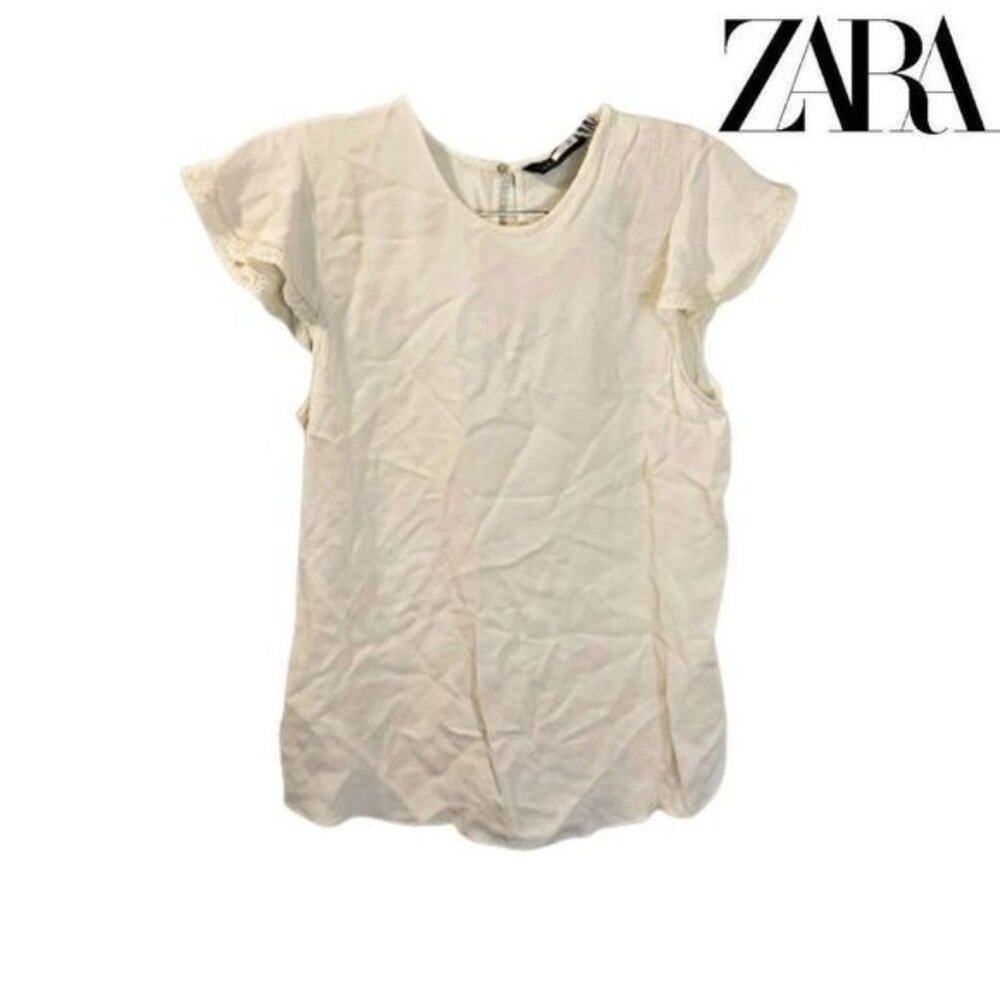 ZARA Womens‎ Frilled Ruffle Sleeve White Basic Top